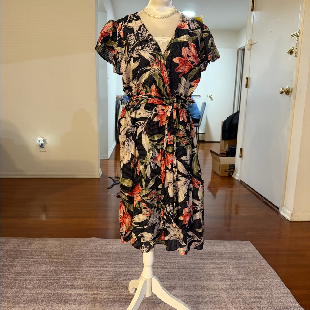 French Connection Black and Red Floral Midi Dress